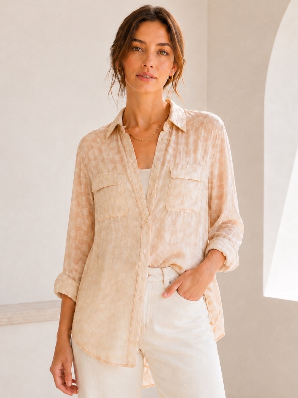 Equipment Silk Button Down Blouse Apricot Beige Relaxed Large